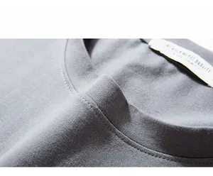 Detailed close-up of ribbed crew neck collar on grey cotton long sleeve T-shirt