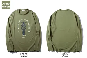Front and back view of army green long sleeve T-shirt with zebra print and slogan