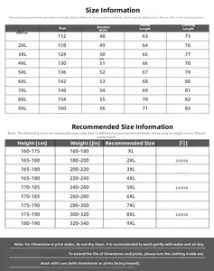 Size chart for men's oversized long sleeve t-shirt showing measurements from XL to 9XL