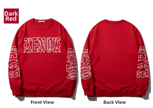 Front and back detail of maroon streetwear sweatshirt with white gothic graphic prints