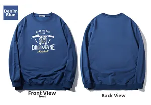 Front and back view of denim blue oversized sweatshirt with vintage motorcycle graphic print