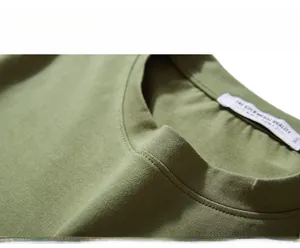 Detail shot of a ribbed crew neck collar on a premium cotton long sleeve t-shirt
