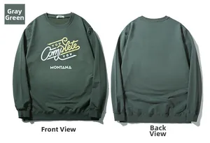Detailed front and back view of grey-green sweatshirt with text print and ribbed cuffs