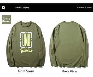 Flat lay of army green long sleeve T-shirt with yellow ONE print front and back view