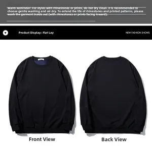 Flat lay view of front and back of heavy black fleece sweatshirt with ribbed collar