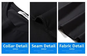Macro detail of high-quality stitching on crew neck collar of black oversized t-shirt
