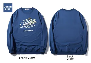 Flat lay showing front and back views of denim blue crewneck sweatshirt with letter print