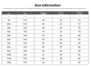 Detailed size chart for oversized T-shirt showing measurements from XL up to 12XL
