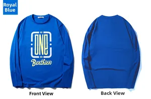Royal blue long-sleeve tee with graphic prints showing front and back views in detail