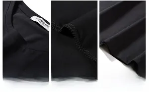 Detail of round neckline and reinforced double stitching on black cotton t-shirt