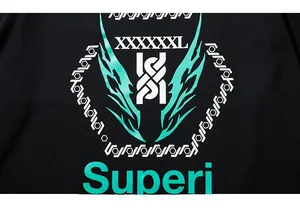 Close-up of a stylish graphic print on a black cotton tee featuring teal wings and letters