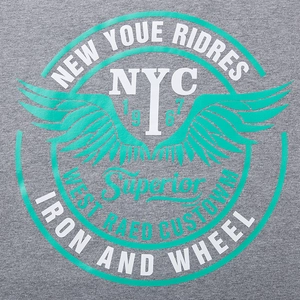 Men's grey long sleeve T-shirt with vintage NYC wing graphics and mint green printing
