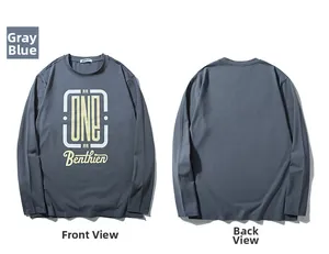 Detail view of grey-blue long sleeve t-shirt with artistic ONE Benthien print