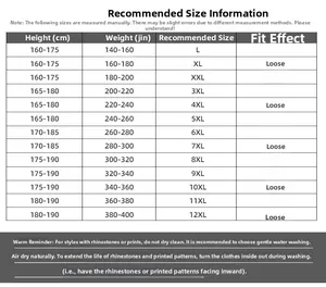 Tableau des tailles détaillé pour T-shirts grande taille, de 70kg jusqu'à 200kg