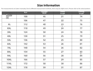 Tableau des tailles détaillé pour T-shirt grande taille allant du M au 12XL avec mesures