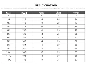 Detailed size chart for oversized printed T-shirts ranging from XL to 12XL measurements