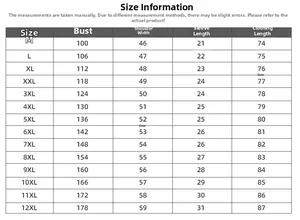 Detailed size chart for oversized printed T-shirt ranging from M to 12XL measurements