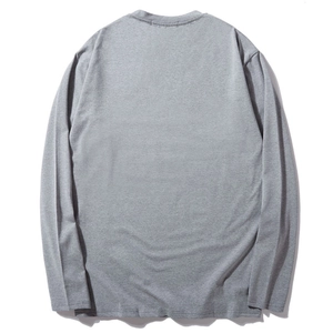 Back view of a grey long sleeve t-shirt for men with a round neck in a flat lay style