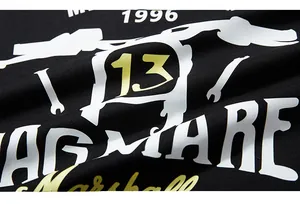 Detailed close-up of retro 1996 graphic print and industrial elements on black hoodie