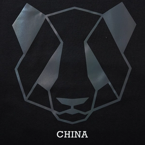 Black long-sleeved t-shirt with reflective geometric panda print and CHINA logo text