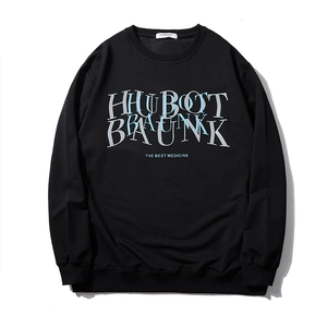 Men's oversized black crewneck sweatshirt with stylish blue and white letter art print