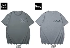 Détail de t-shirts vert foncé et gris à col rond avec imprimé lettrage Authentic devant