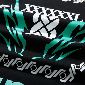 Men's black long sleeve T-shirt with mint green flame and white graphic lettering