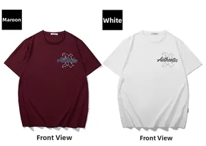 Détail de t-shirts en coton à col rond avec impression sur la poitrine en bordeaux et blanc