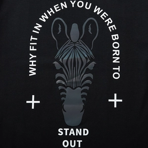 Men's black long sleeve T-shirt with gray zebra graphic and motivational lettering