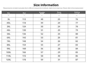 Tableau des tailles détaillé pour T-shirts imprimés grande taille du XL au 12XL