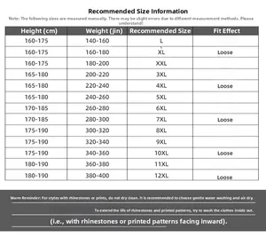 Detailed size information chart for plus size printed t-shirt from size L up to 12XL