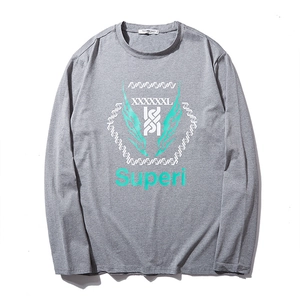Men's grey long sleeve crewneck t-shirt with stylish geometric letter print on the chest
