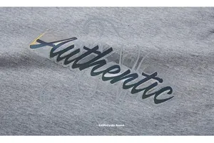 Gros plan du lettrage dégradé Authentic sur le tissu en coton gris de ce t-shirt mode