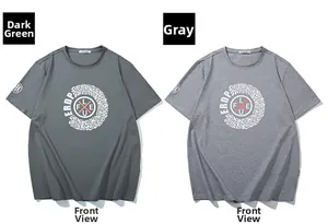Vue détaillée de t-shirts en coton vert foncé et gris avec imprimés graphiques ronds