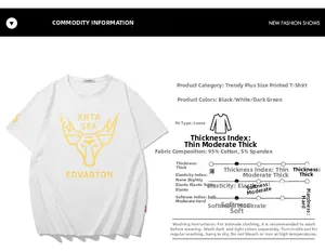 Tableau des tailles et détails du tissu pour T-shirt en coton oversize avec cerf