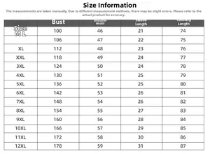 Tableau des tailles détaillé pour t-shirt homme grande taille de M à 12XL