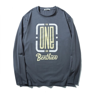 Men's dark grey-blue long-sleeve T-shirt with yellow graphic print on plain background