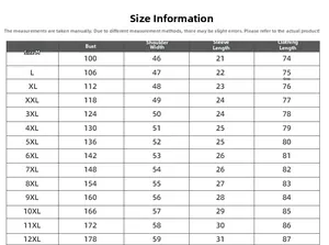 Size chart for oversized embroidered T-shirt ranging from M to 12XL with measurements