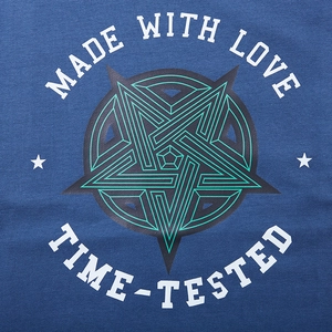 Loose fit blue oversized hoodie featuring retro geometric circles and printed letters