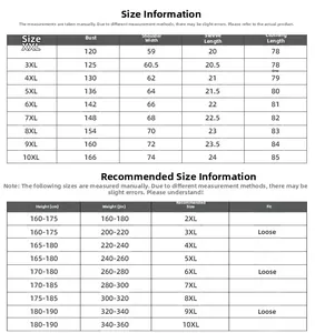Size chart for oversized men's gold print t-shirt showing XXL to 10XL measurements