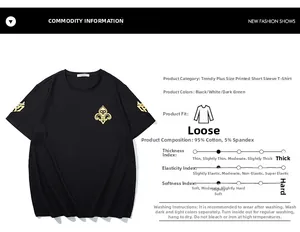 Macro view of gold emblem print and fabric texture on a black oversized cotton T-shirt