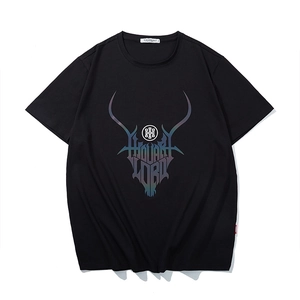 Oversized black cotton T-shirt featuring a colorful reflective graphic and logo print