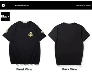 Detail view of black t-shirt with gold fleur-de-lis logo and PP embroidery details