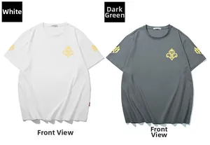 Detail of gold floral crest and gothic sleeve prints on high-weight cotton t-shirts