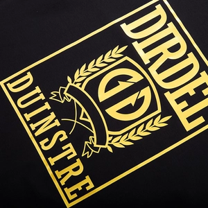 Detail of a black cotton T-shirt featuring a gold foil shield print and textured fabric