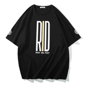T-Shirt Streetwear en Coton pour Hommes Grandes Tailles Coupe Ample Épaules Tombantes Manches Courtes Haut Avec Imprimé RID Noir Été