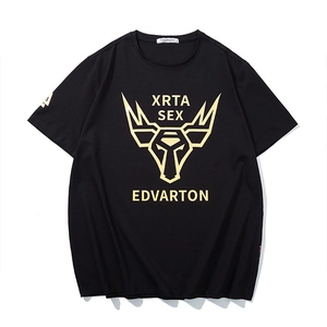 T-shirt oversize en coton noir avec motif de taureau doré métallisé et col rond