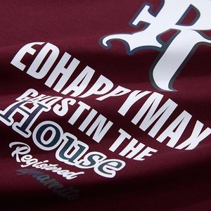 Deep red oversized cotton T-shirt featuring gothic R print and white lettered branding