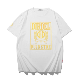 White cotton t-shirt with gold graphic print for men, loose fit streetwear style