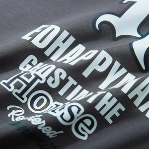 Men's oversized dark grey cotton T-shirt featuring artistic blue gradient letter printing